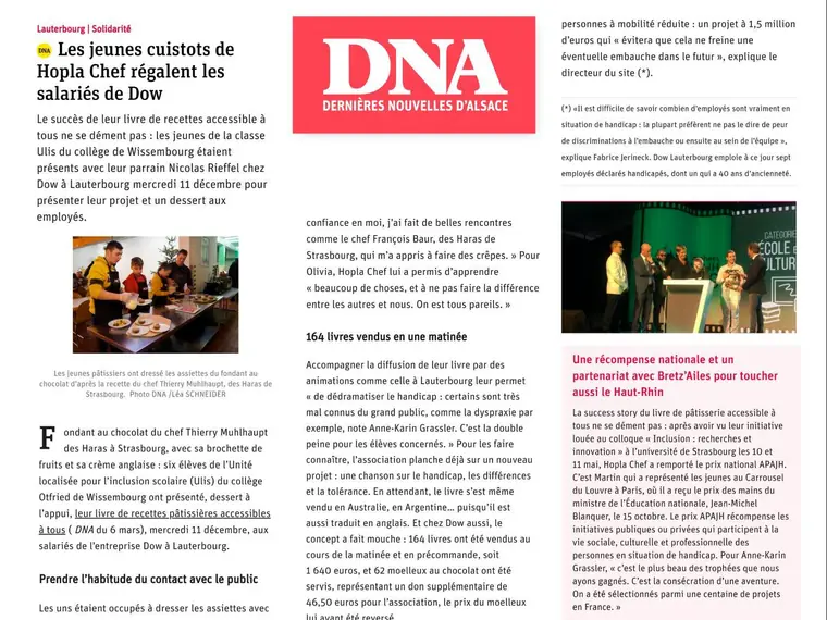Aperçu de l’article « Les jeunes cuistots de Hopla Chef régalent les salariés de Dow » (DNA)
