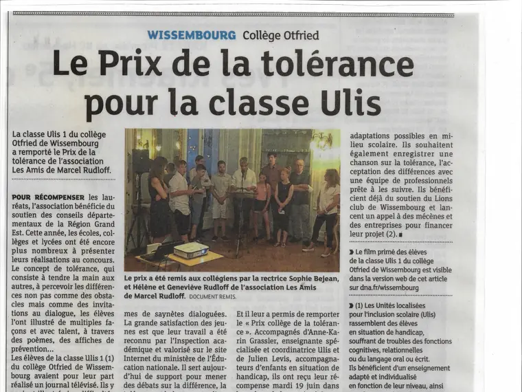 Aperçu de l’article « Le Prix de la tolérance pour la classe Ulis » (DNA)