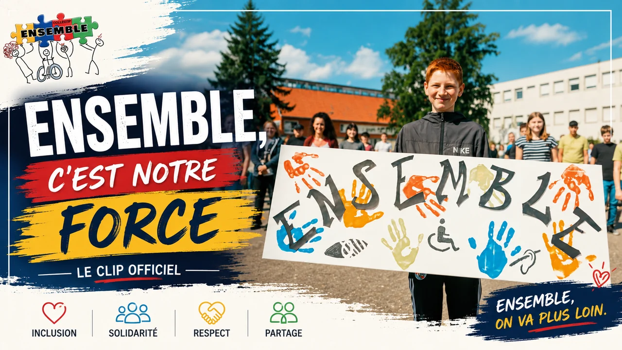 Un jeune souriant tient une pancarte « ENSEMBLE » peinte à la main, entouré des élèves du projet dans la cour de l’école.