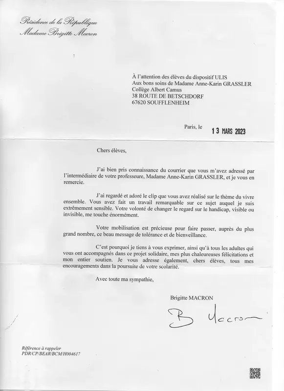 Lettre de Brigitte Macron, sur papier à en-tête de la Présidence de la République, adressée aux élèves du dispositif ULIS, datée du 13 mars 2023.