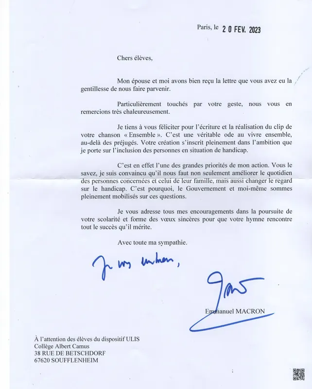 Lettre d’Emmanuel Macron, Président de la République, adressée aux élèves du dispositif ULIS pour les féliciter du clip « Ensemble », datée du 20 février 2023.