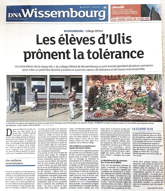 Article des DNA sur le court-métrage La Tolérance des élèves d’ULIS.