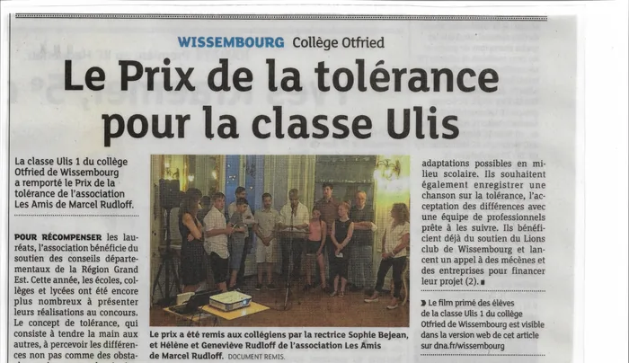 Article des DNA « Le Prix de la tolérance pour la classe Ulis », collège Otfried de Wissembourg.